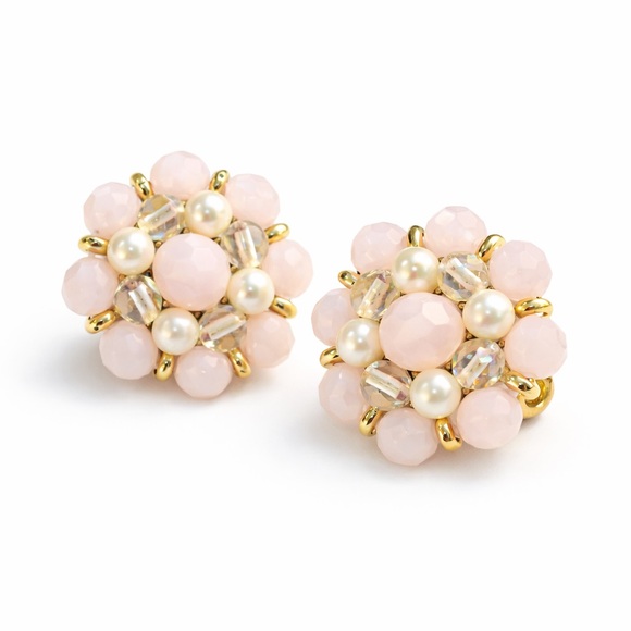 Vintage Jewelry - Vintage Pink Glass Bead Pearl Cluster Clip On Earrings Gold Floral Statement